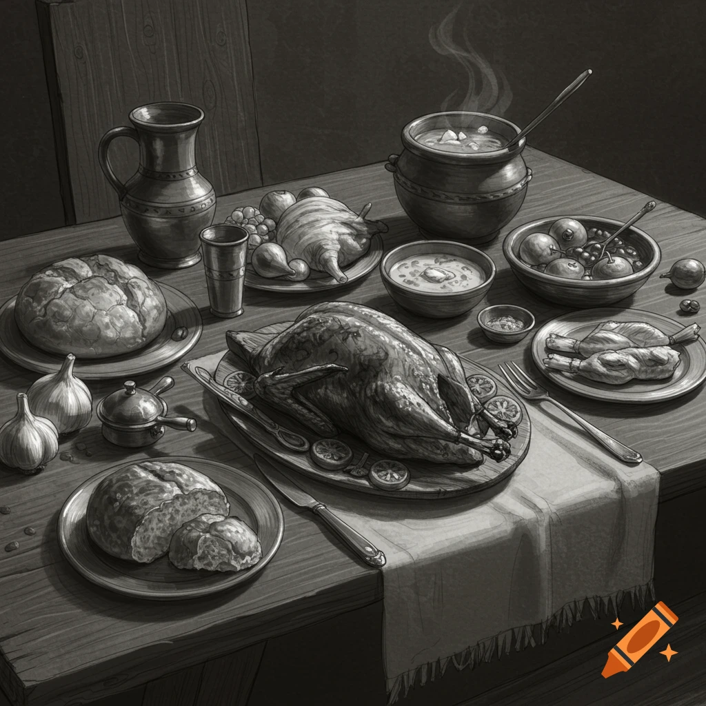 A black and white sketch of a medieval meal including roasted fowl, bread, and soup on a table.
