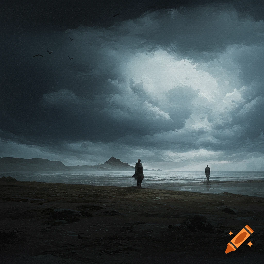 Two figures on a dark beach facing a stormy sea under a dramatic sky.