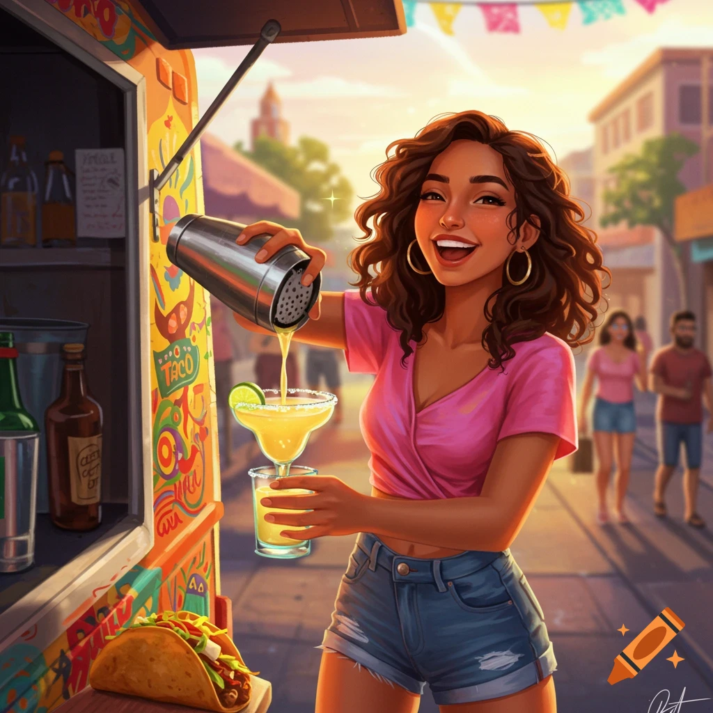 A woman serves a margarita from a colorful taco truck on a sunny street.