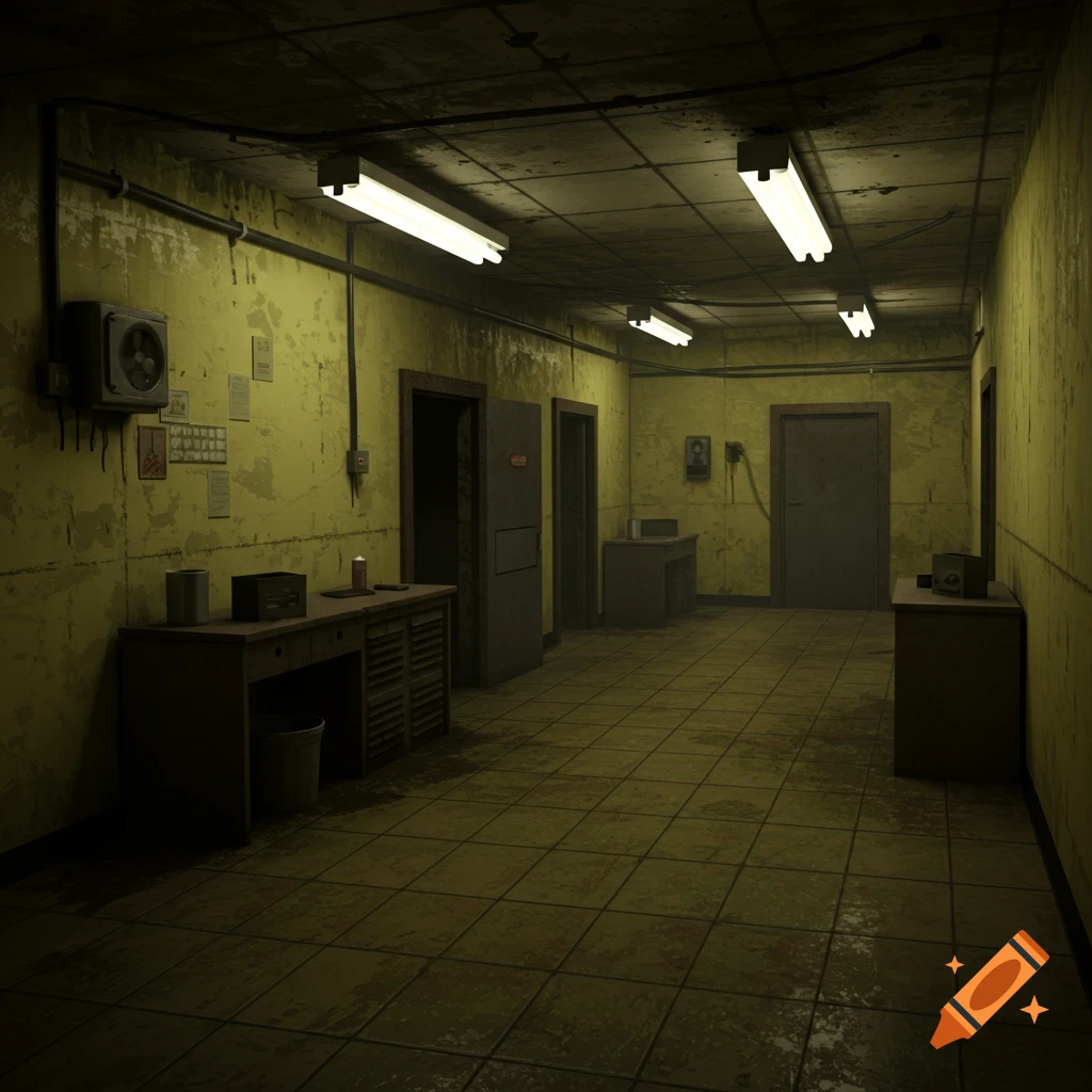 Dimly lit, dirty hallway in the style of the Backrooms with desks and doors.