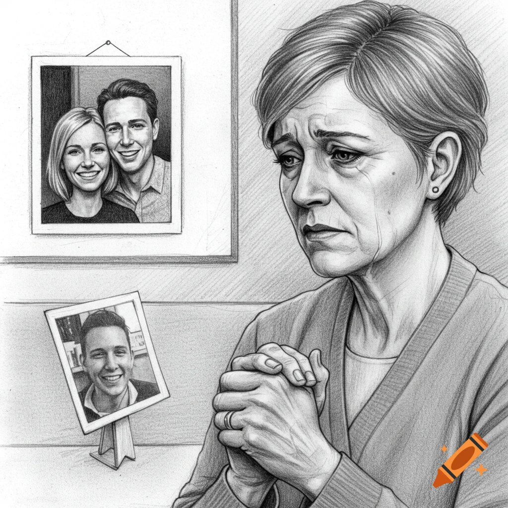 Pencil drawing of a crying woman looking at photos.