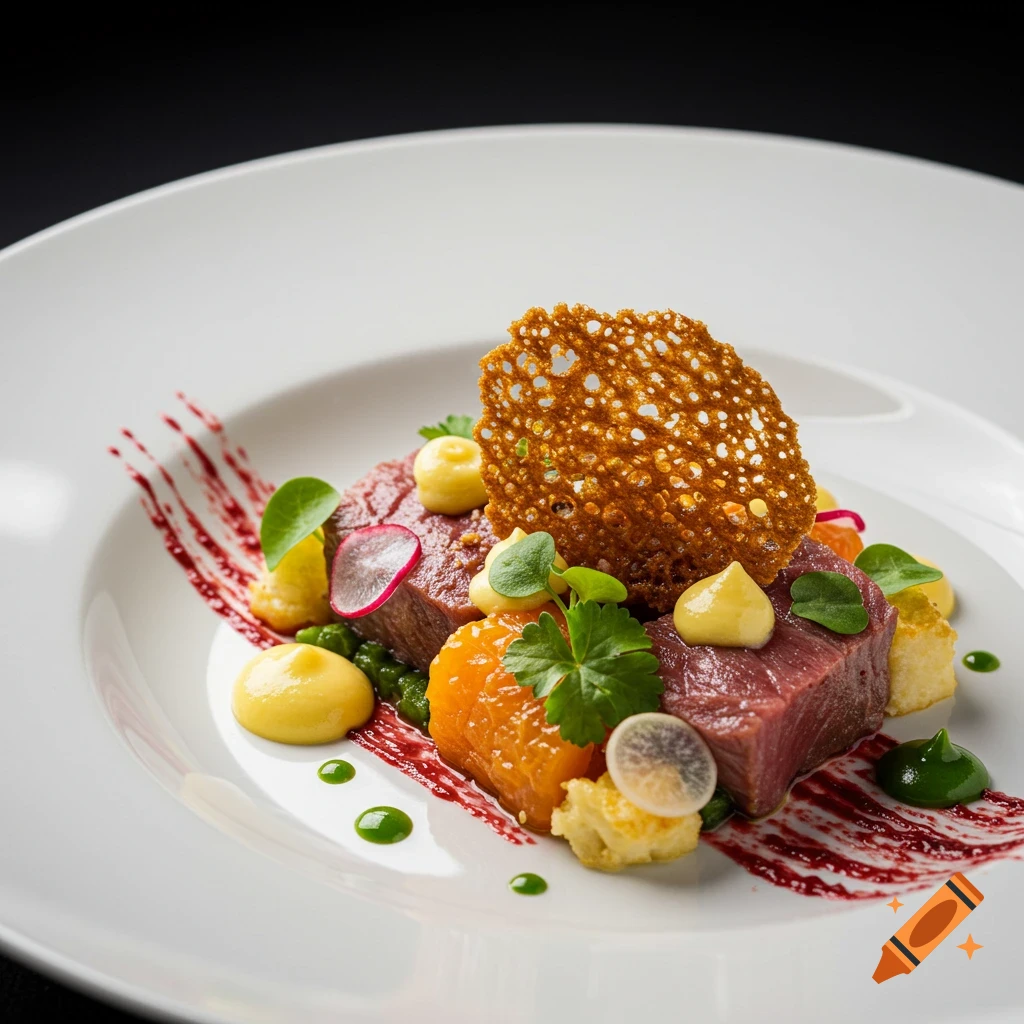 A close-up photo of a gourmet steak dish with garnishes on a white plate.