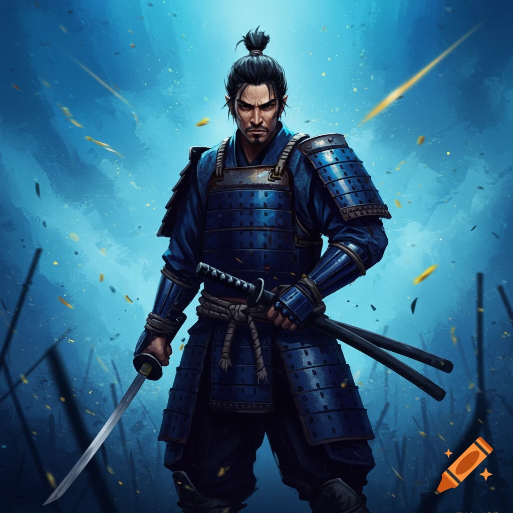 A fierce samurai warrior in blue armor holds a katana against a dynamic blue background.