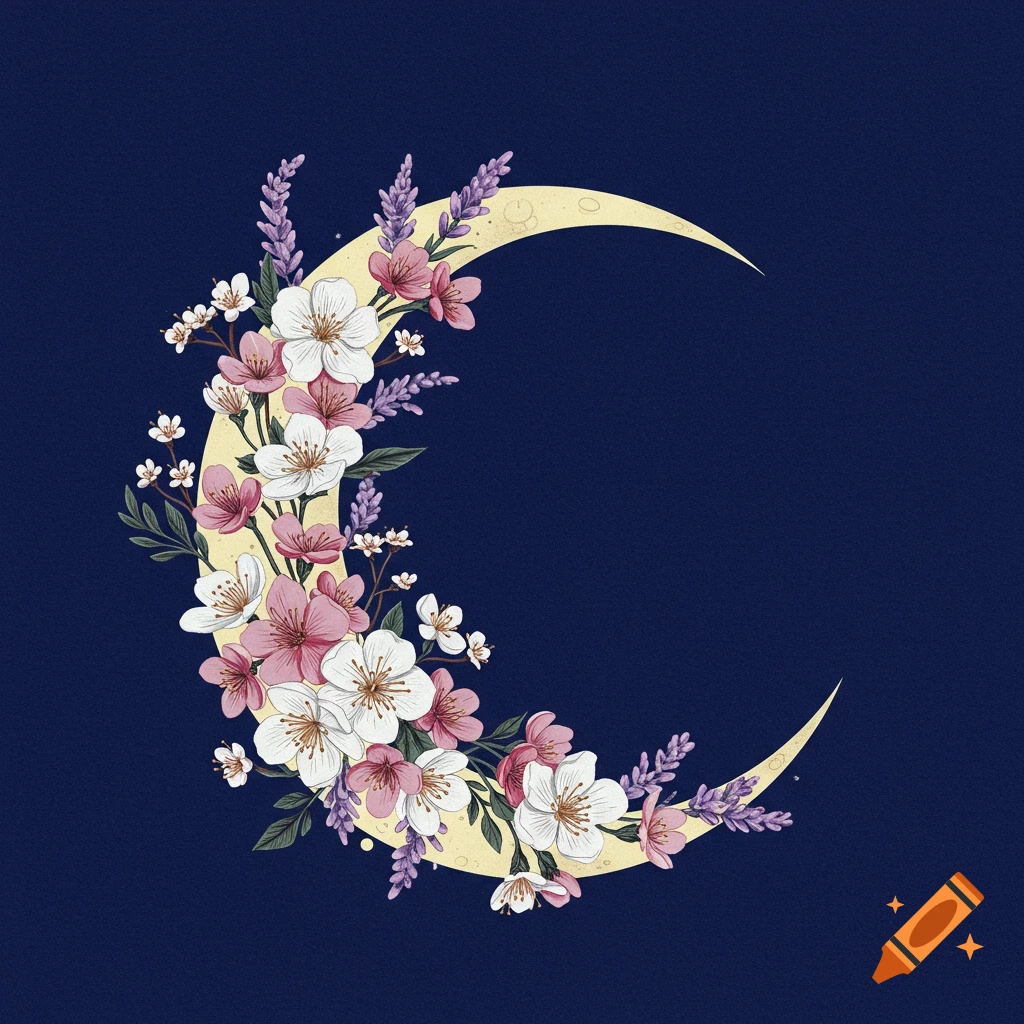 An illustration of a yellow crescent moon adorned with pink, white, and purple flowers and greenery against a dark blue background.
