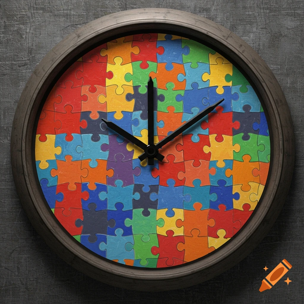 A round clock with a colorful puzzle piece face hangs on a textured wall. Black clock hands point to approximately 10:08.