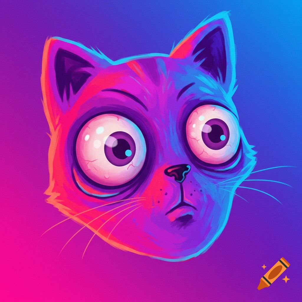 A cartoon cat face with large eyes in vibrant purple, pink, and blue gradients.