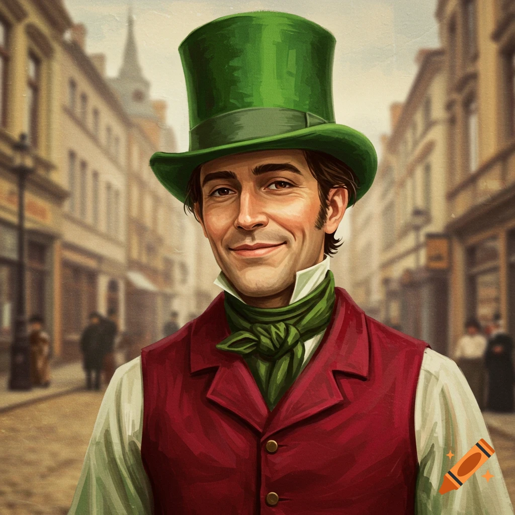 A man in a green top hat and red vest smiles in a street scene, painted style.