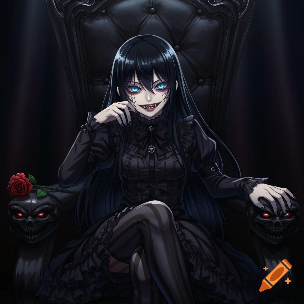 Anime girl with sharp teeth and glowing eyes sitting on a dark throne with skull accents