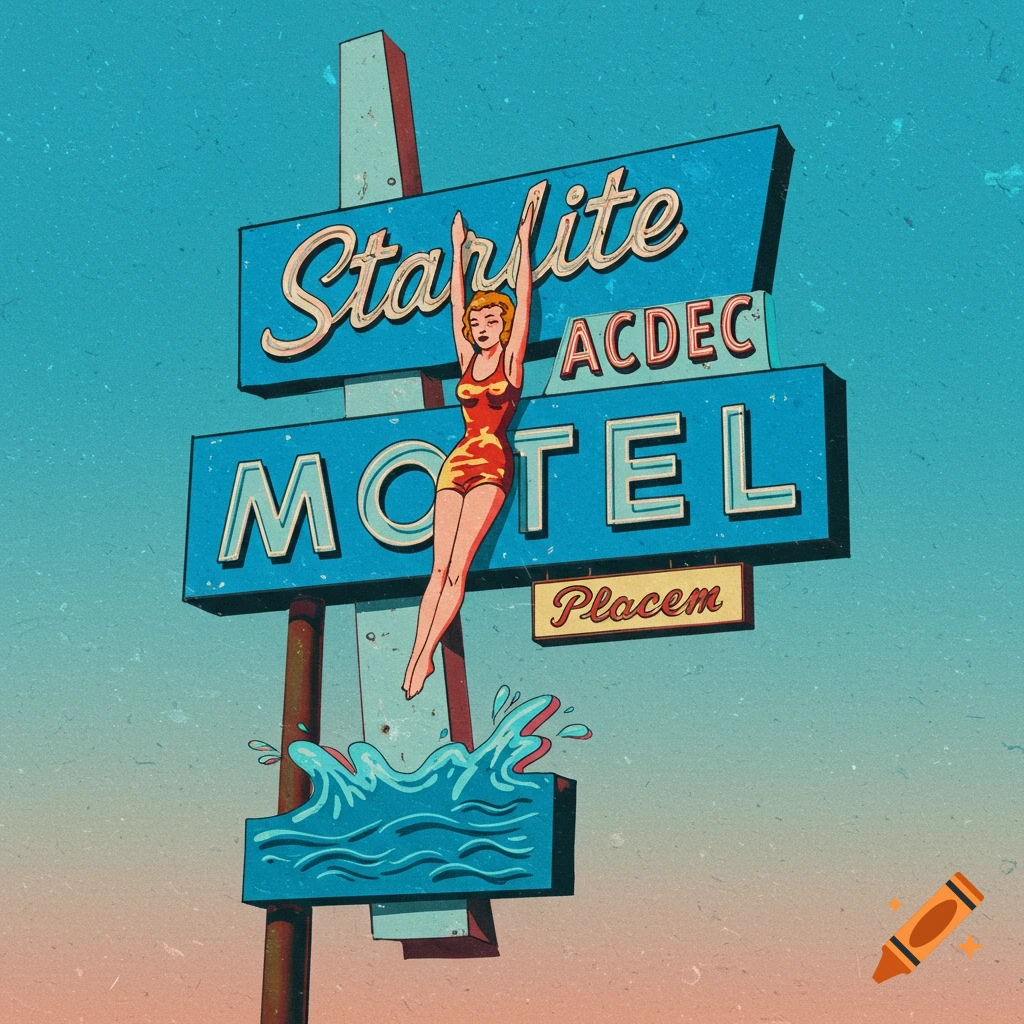 Vintage illustration of a Starlite motel sign with a woman diving into splashing water.