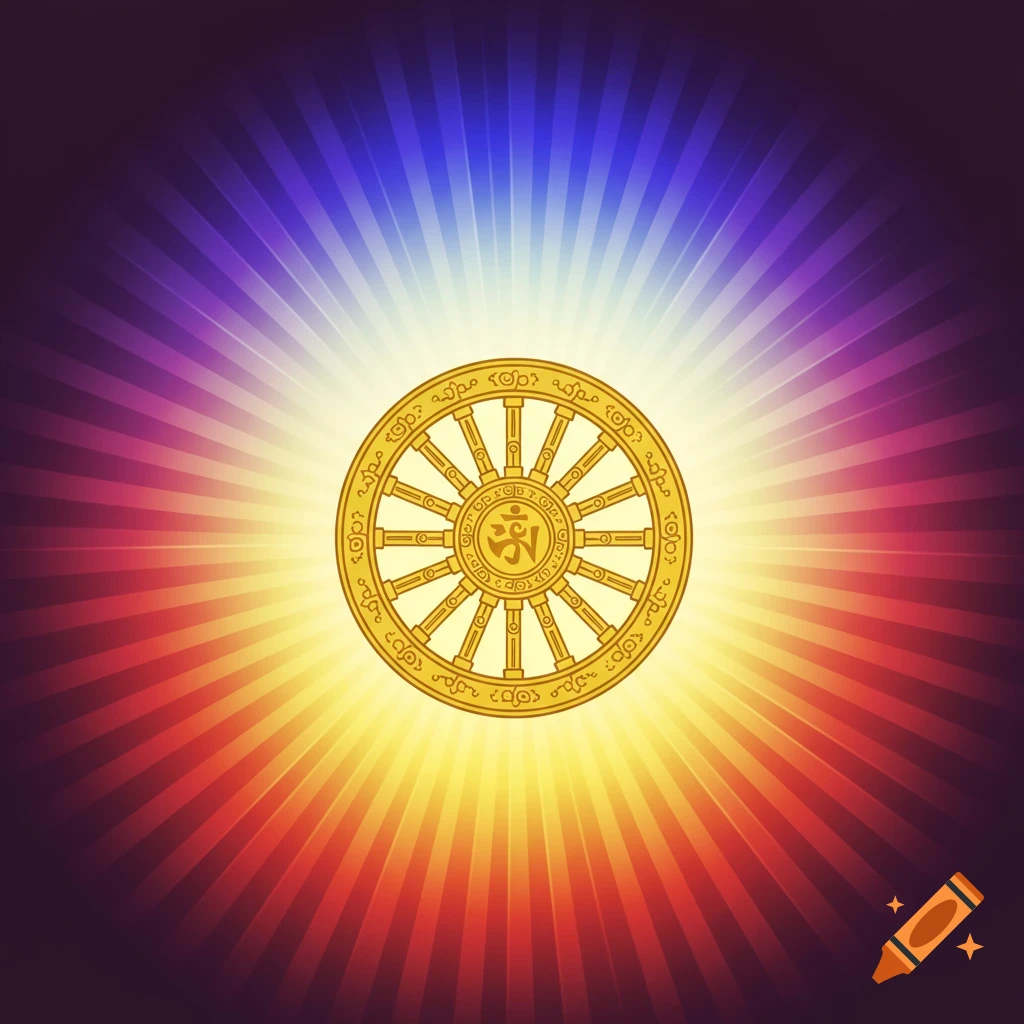 A golden Dharma Wheel symbol against a radiating background of purple, blue, yellow, and red rays.