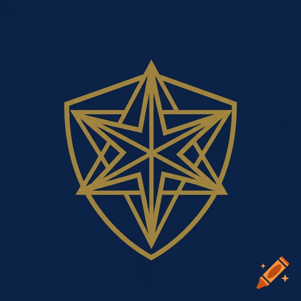 Gold geometric design of a seven-pointed star inside a shield shape on a deep blue background.