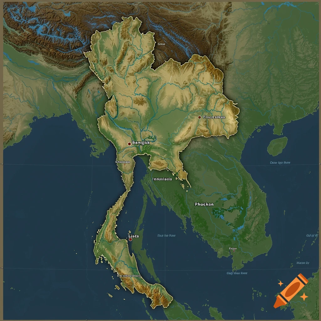 A 2D relief map of Thailand showing elevation, rivers, and major cities.