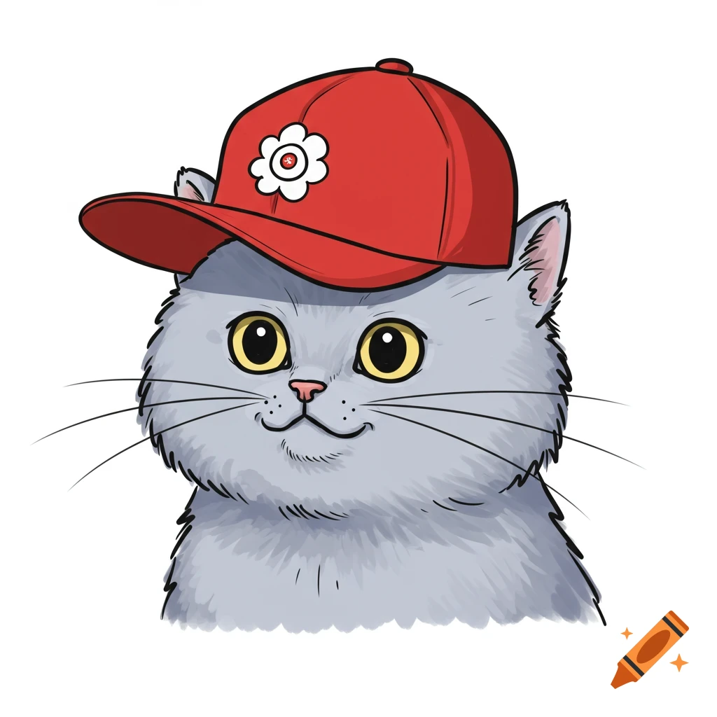 Cartoon gray cat wearing a red baseball cap with a flower symbol.