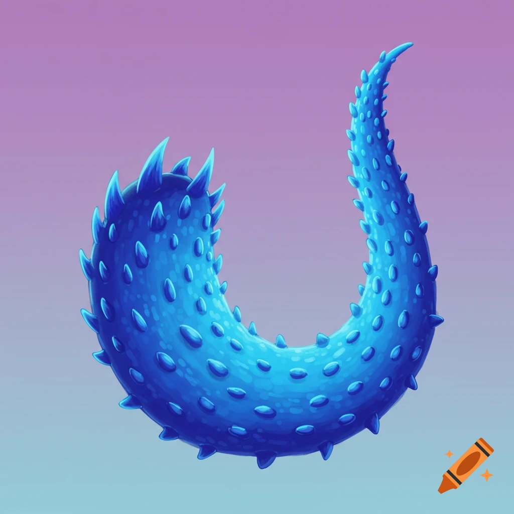 A blue, spikey, curved object against a gradient purple and blue background.