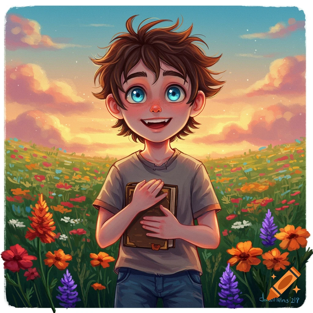 Cartoon illustration of a smiling boy holding a book in a colorful field of flowers at sunset