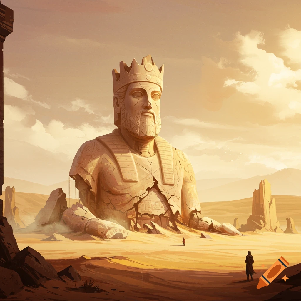 A massive, broken stone statue of a king stands in a vast desert landscape, with small figures near its base.