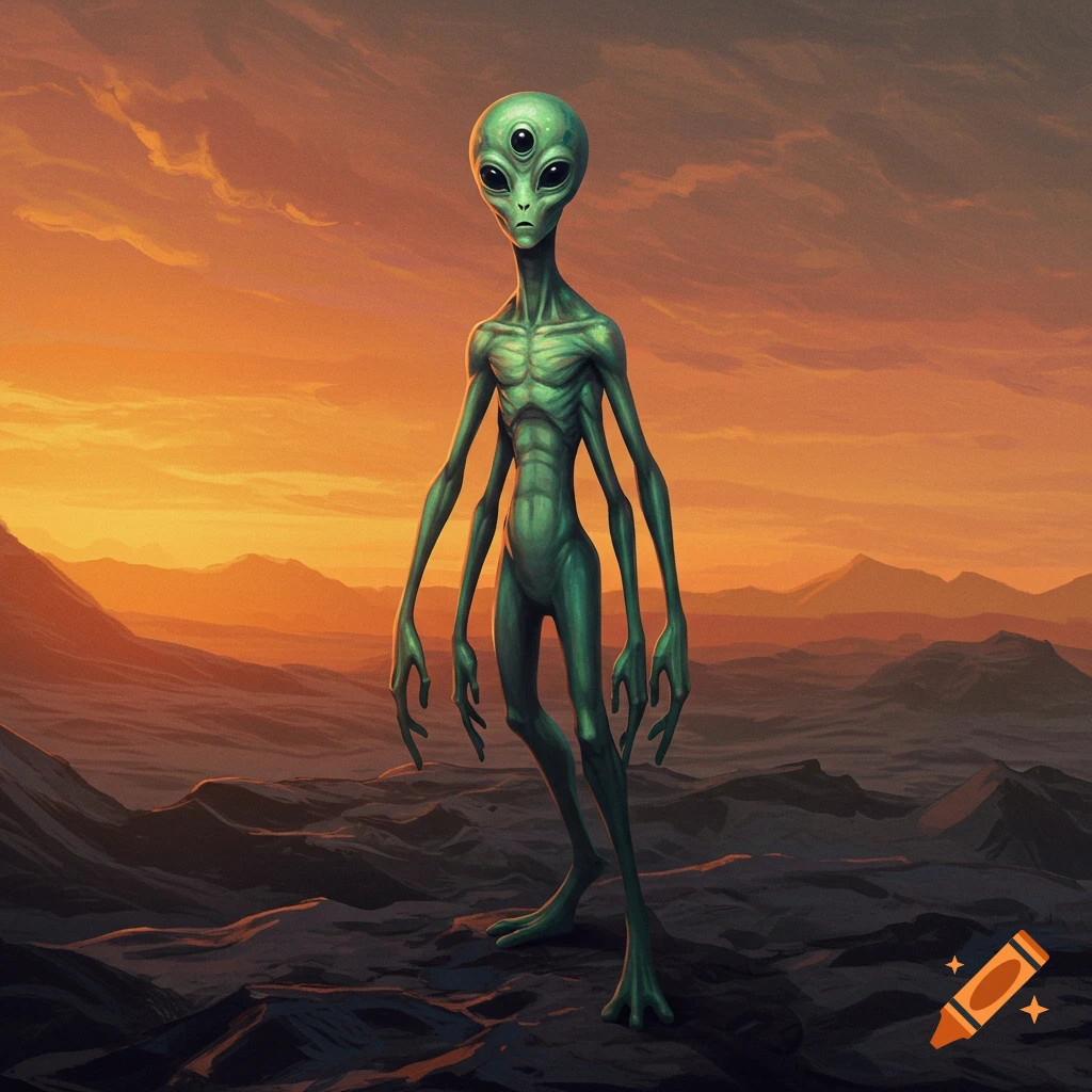 A green alien with three eyes and four arms stands on a rocky alien landscape under an orange sky.