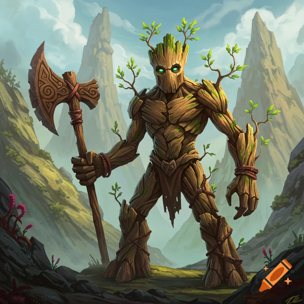 Muscular tree creature with an axe standing in a mountain landscape, illustration.