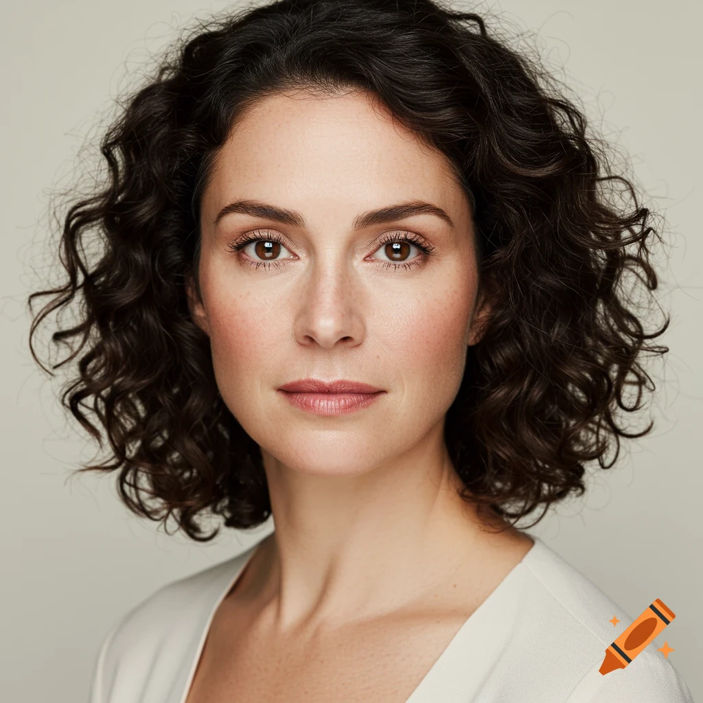 Close-up studio portrait of a woman with curly hair, brown eyes, and freckles.