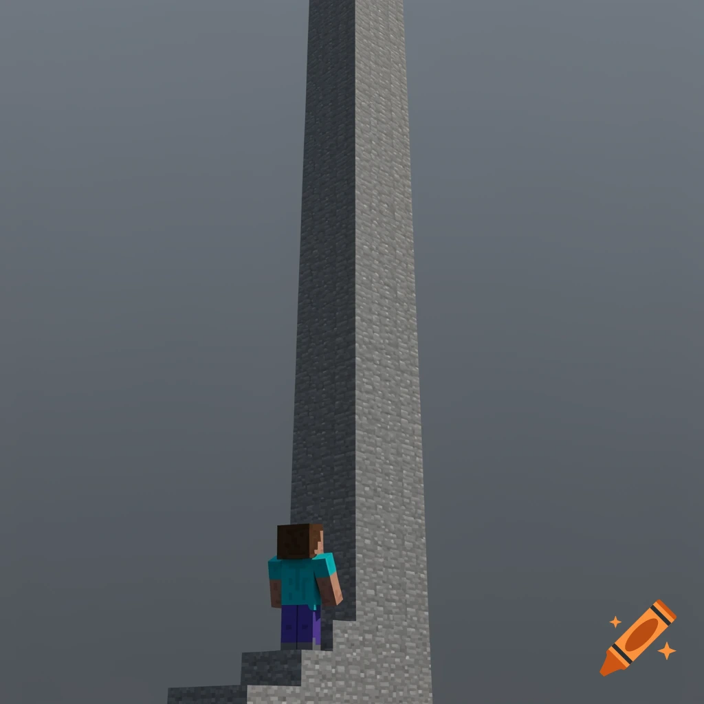 Minecraft character stands on stairs looking up at a tall stone pillar.