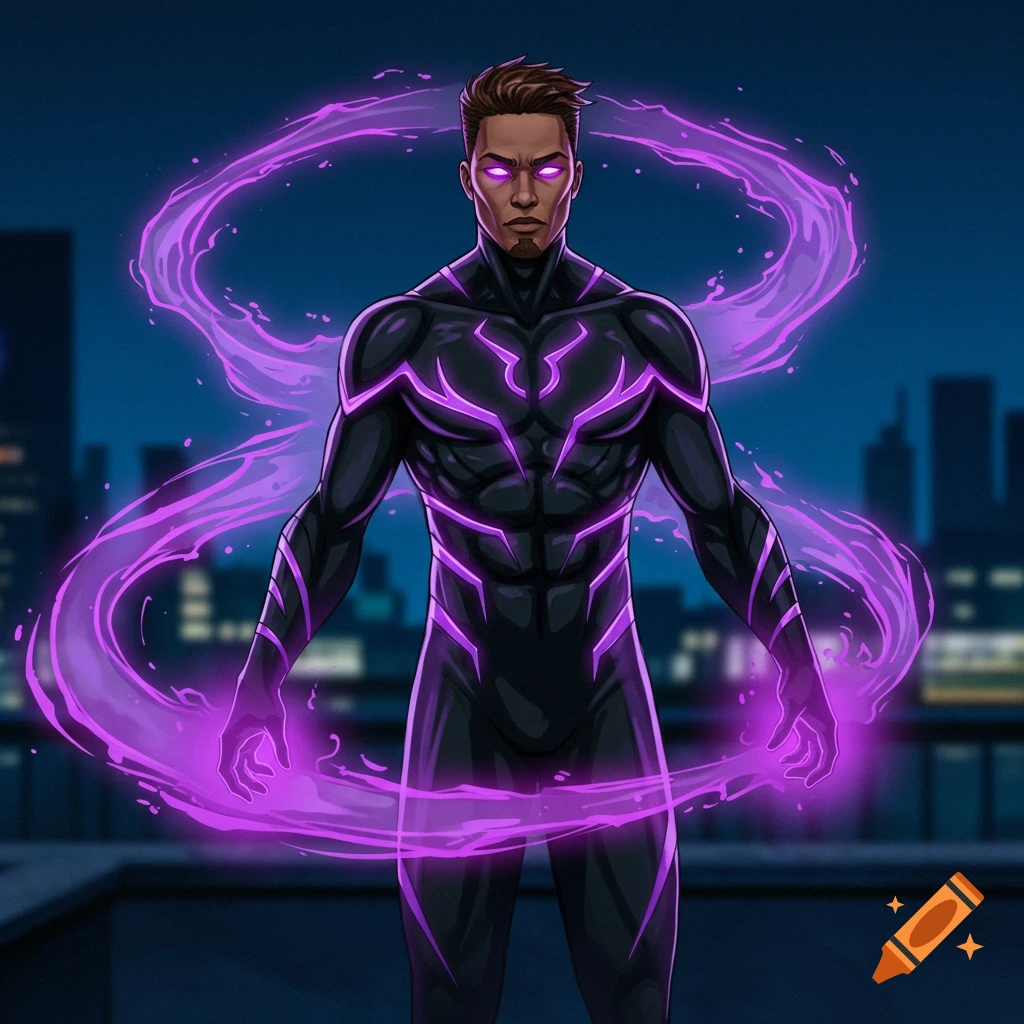 Illustration of a male superhero in a black suit with purple glowing energy around him, standing on a rooftop at night.