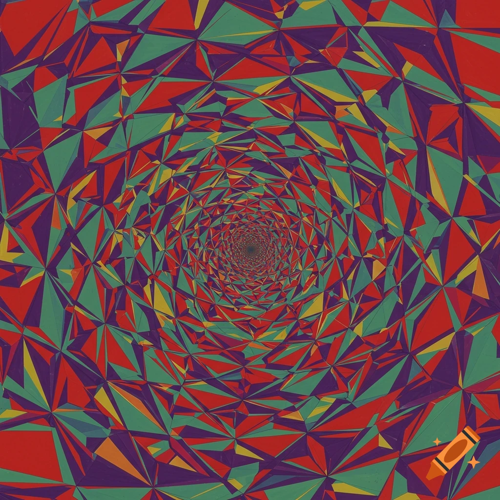 Abstract geometric tunnel pattern in red, green, purple, and yellow.