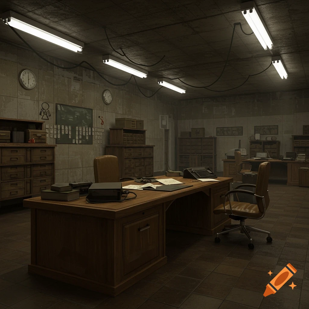 A vintage office with a large wooden desk, chairs, cabinets, and fluorescent lights.