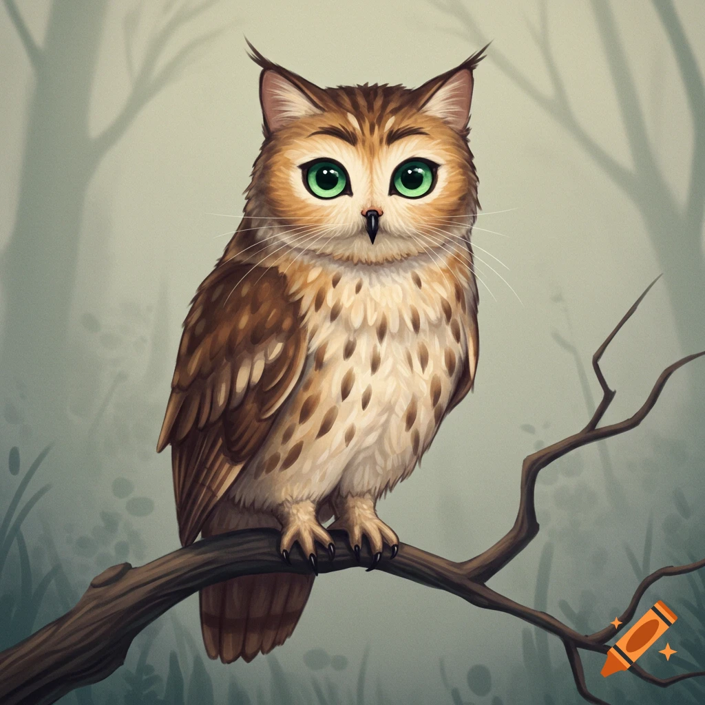 A furry cat-like owl creature with green eyes sits on a branch in a forest.