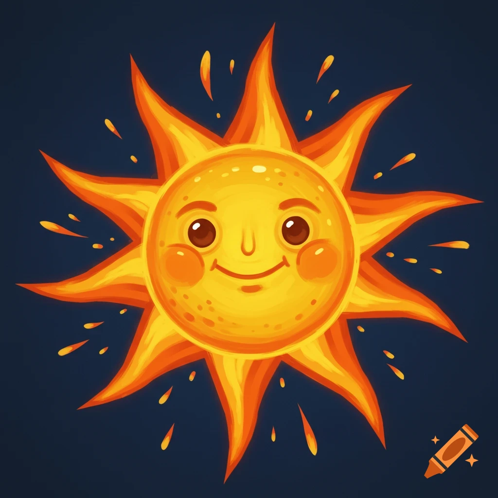 Cartoon sun with a smiling face and spiky rays on a dark background