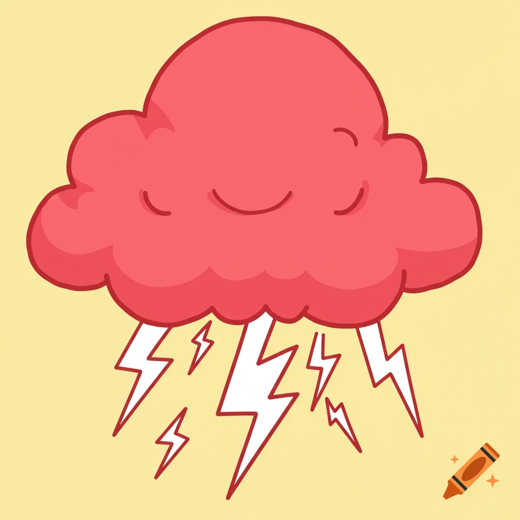 Cartoon drawing of a red smiling cloud raining lightning.