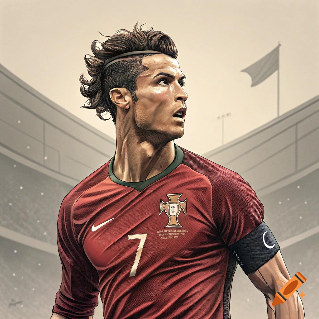 Stylized illustration of a soccer player in a red jersey (CR7) looking up in a stadium.