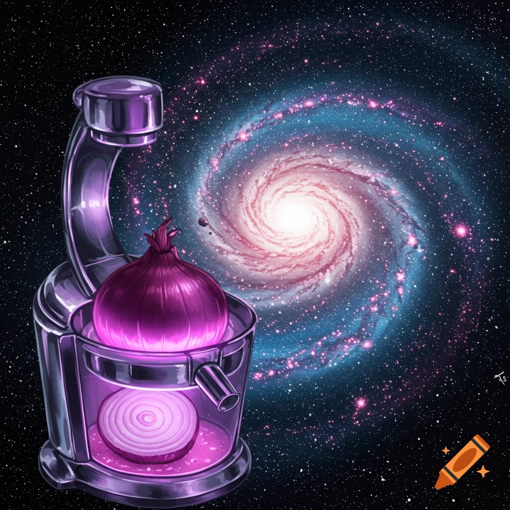 A surreal illustration of an onion being juiced in a futuristic machine with a spiral galaxy background in space.