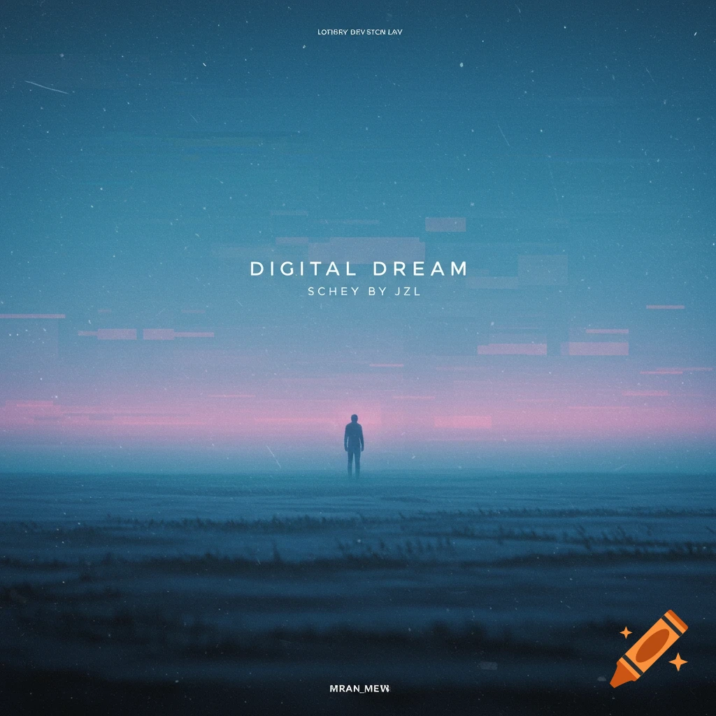 A silhouetted figure stands in a misty landscape under a pastel sky with digital effects and text overlay.