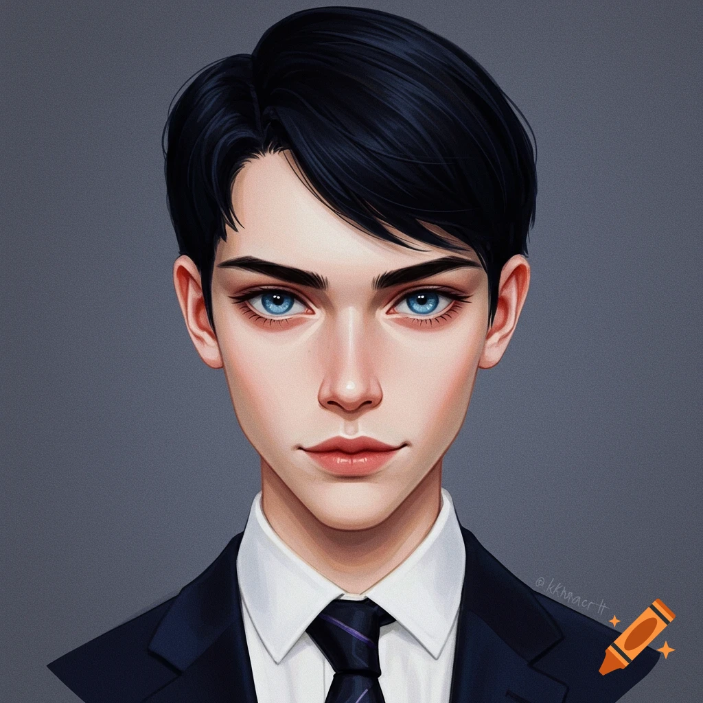 Illustration of a young man with black hair and blue eyes wearing a suit and tie.