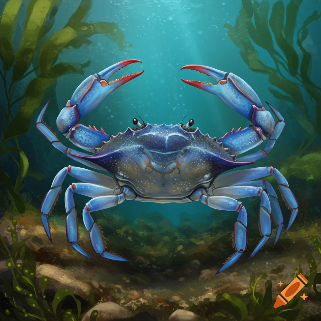 An illustration of a blue crab underwater with seaweed.