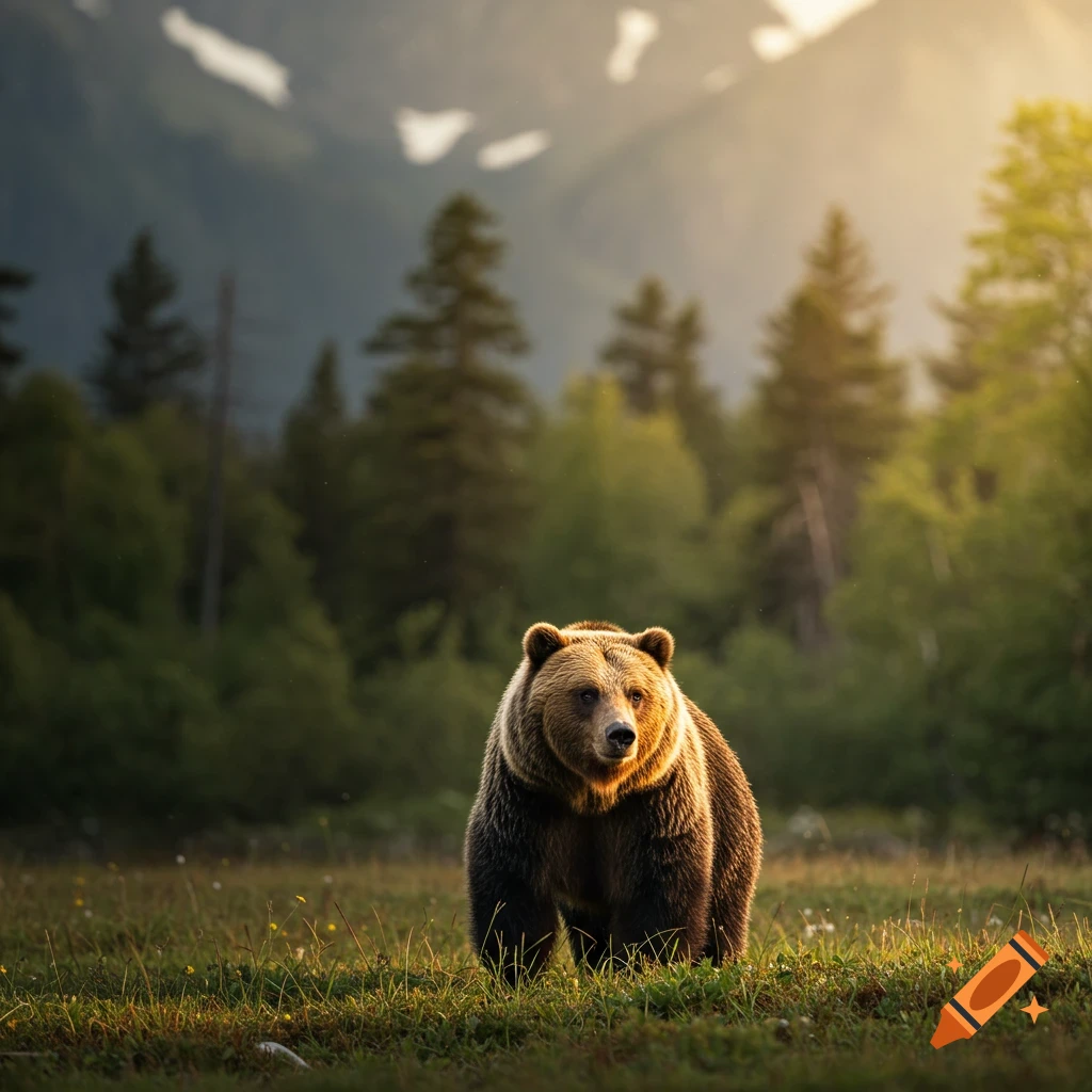 A brown bear stands in a sunlit field with trees and mountains behind.