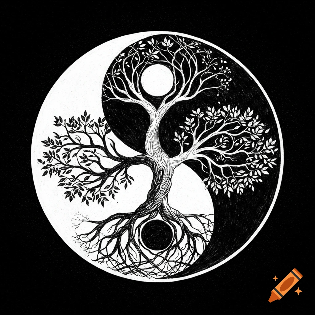 Black and white illustration of a tree inside a yin yang symbol.