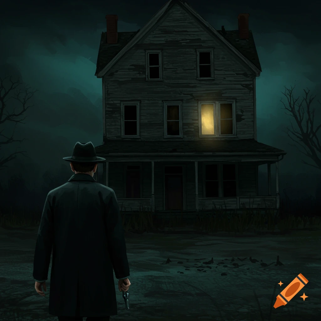 Illustration of a man in a hat and coat holding a gun, looking at a dark, dilapidated house with a single light on at night.