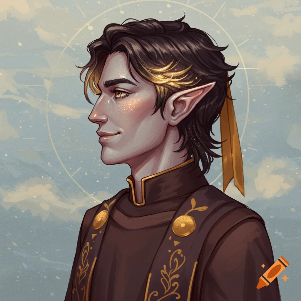 Illustration of a fantasy character with pointed ears and dark hair, wearing brown and gold clothing, against a cloudy sky.