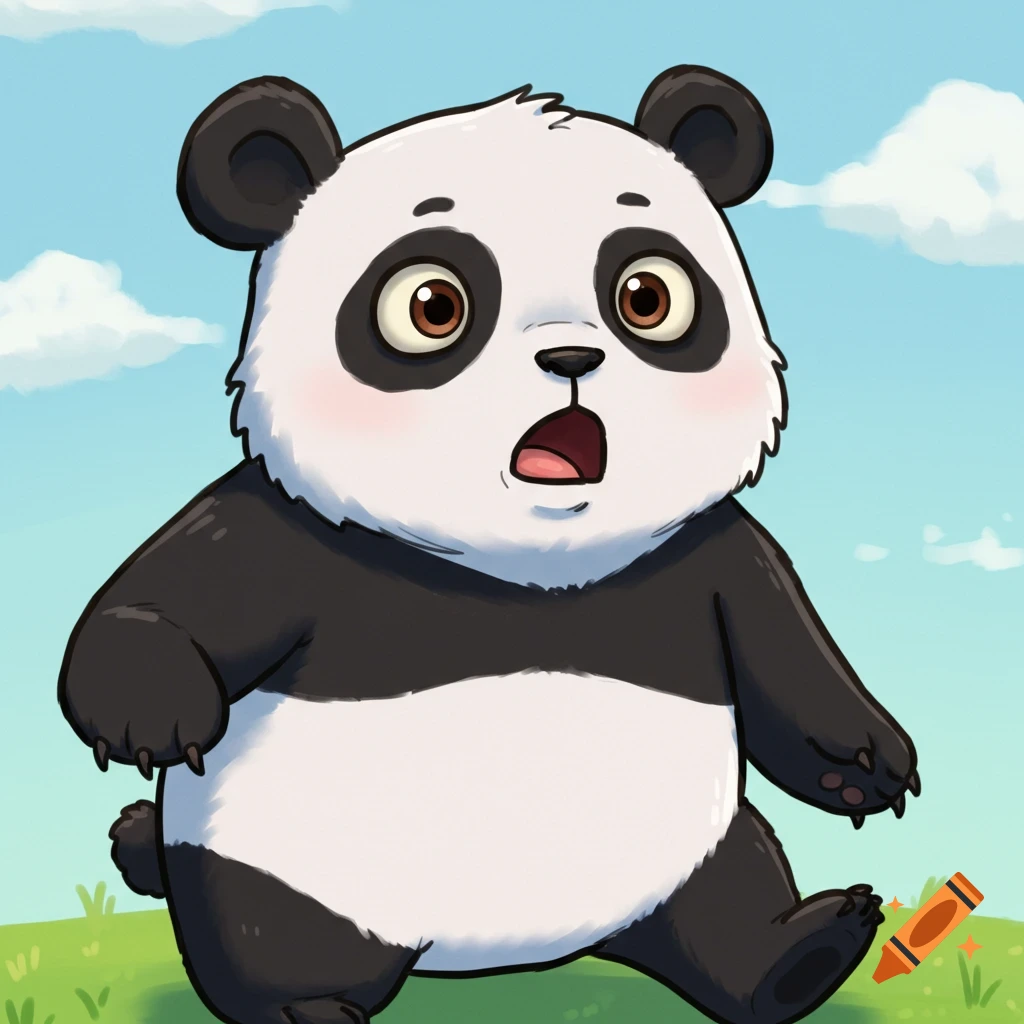 A cartoon panda looking surprised in a field.