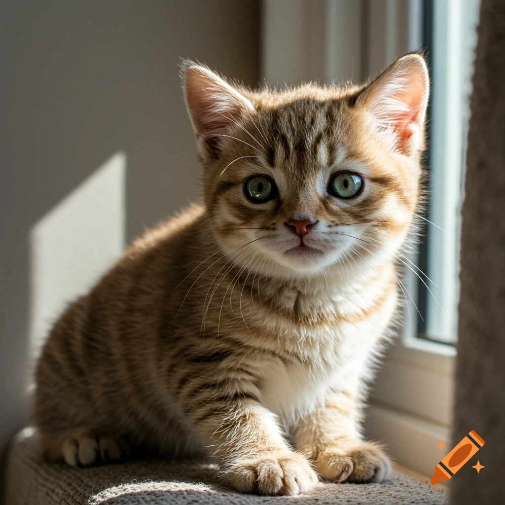 A cute ginger and white tabby kitten sits near a window in sunlight.