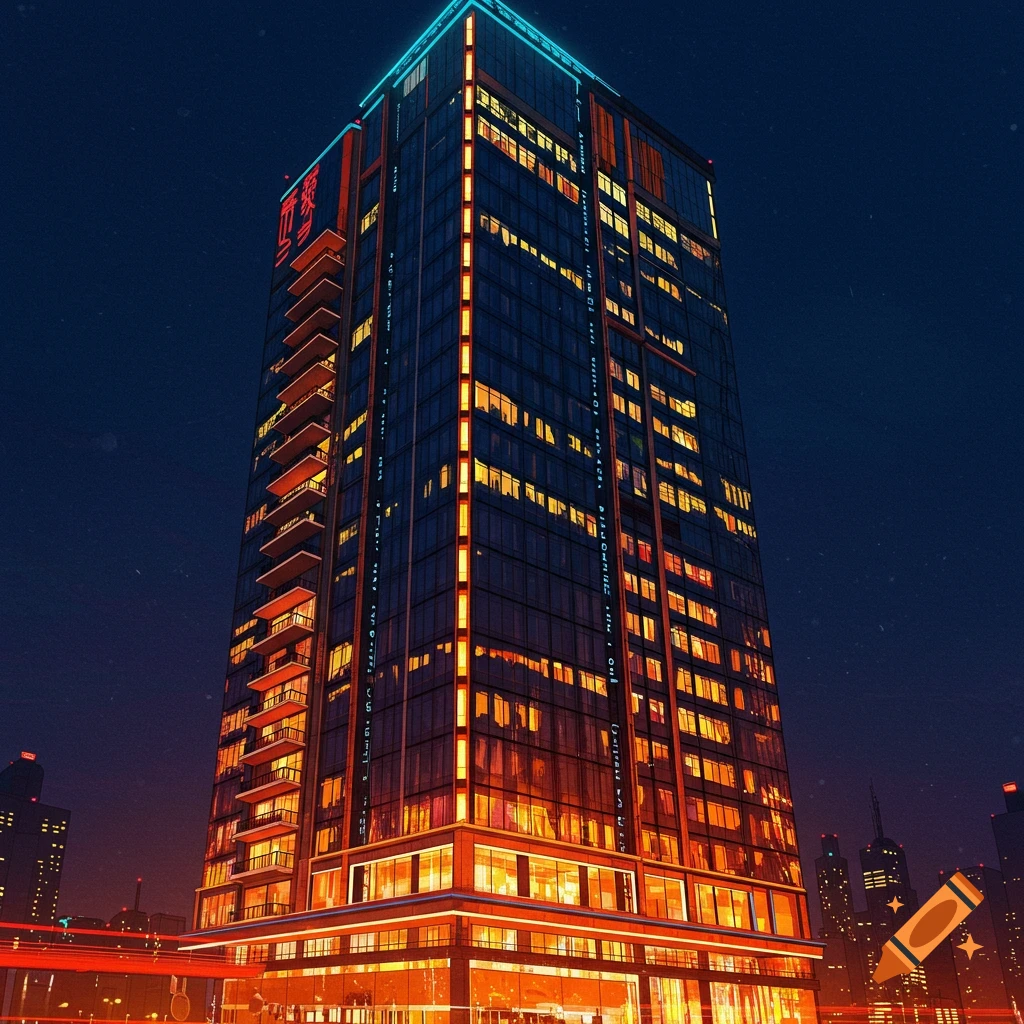 A futuristic skyscraper illuminated against a night sky.
