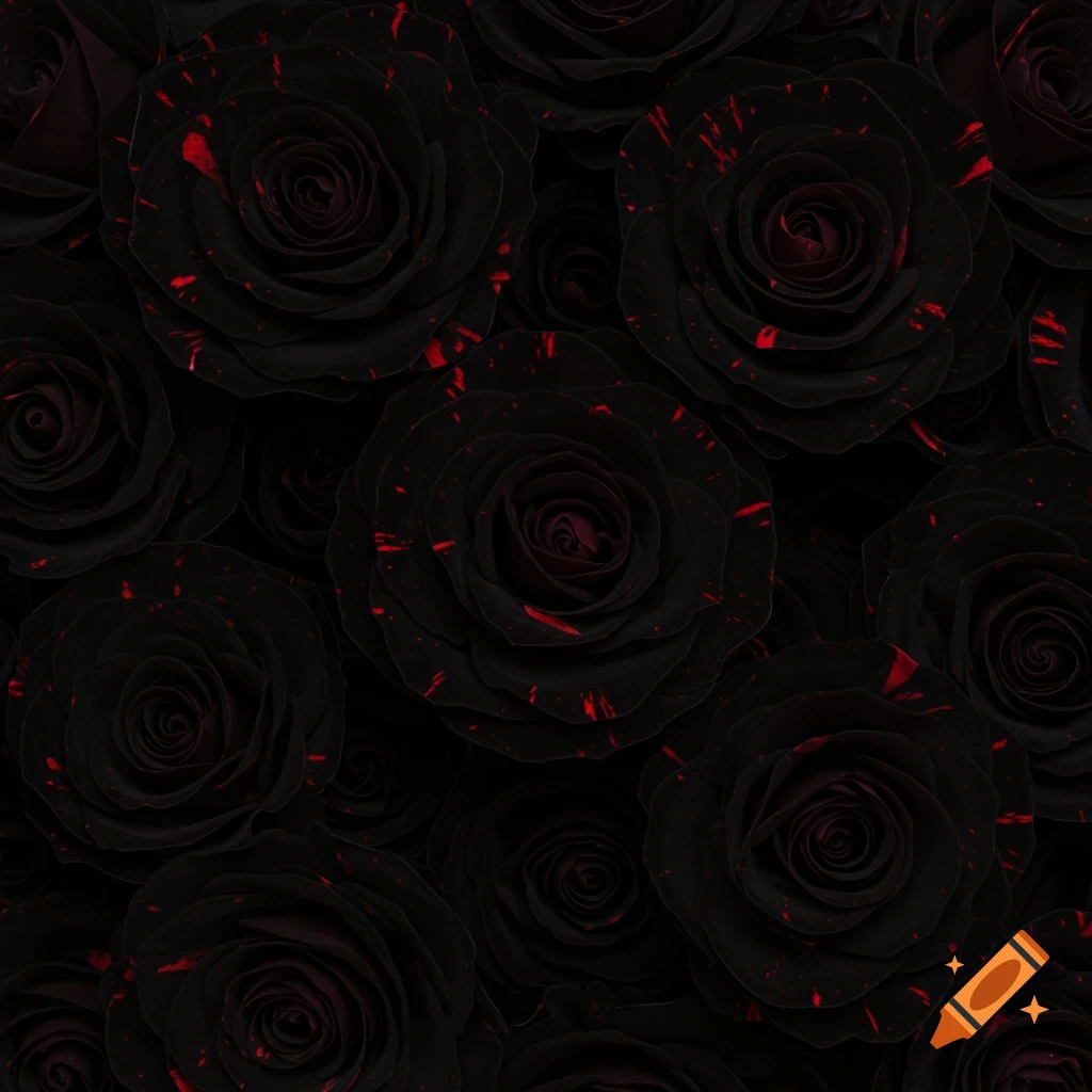 Close-up pattern of black roses with red splatters