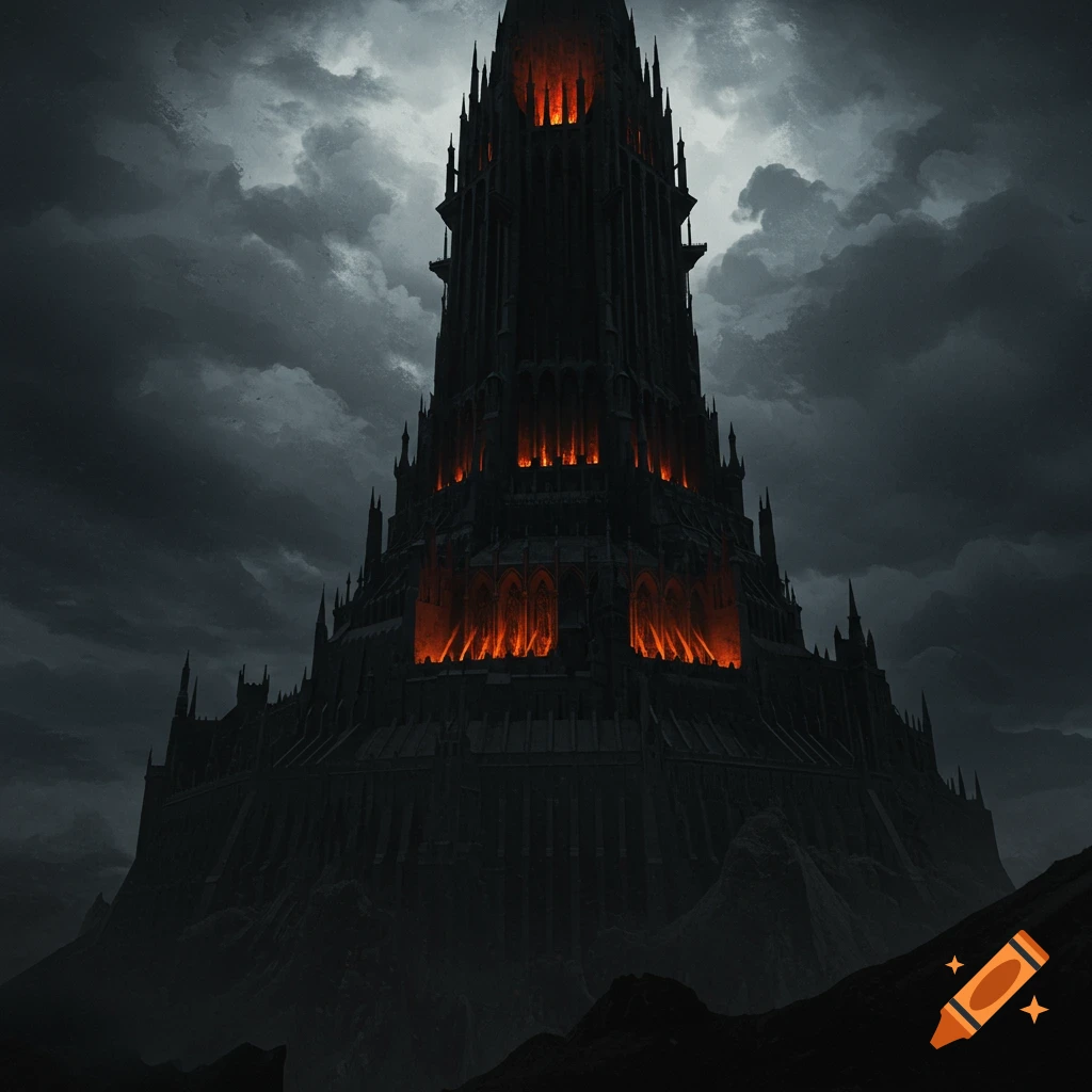 Dark fantasy tower with glowing windows under a stormy sky.