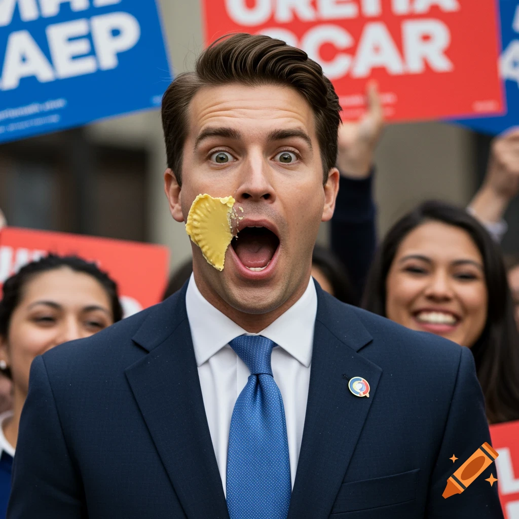 A surprised politician with pie on his face stands in front of a crowd and signs.