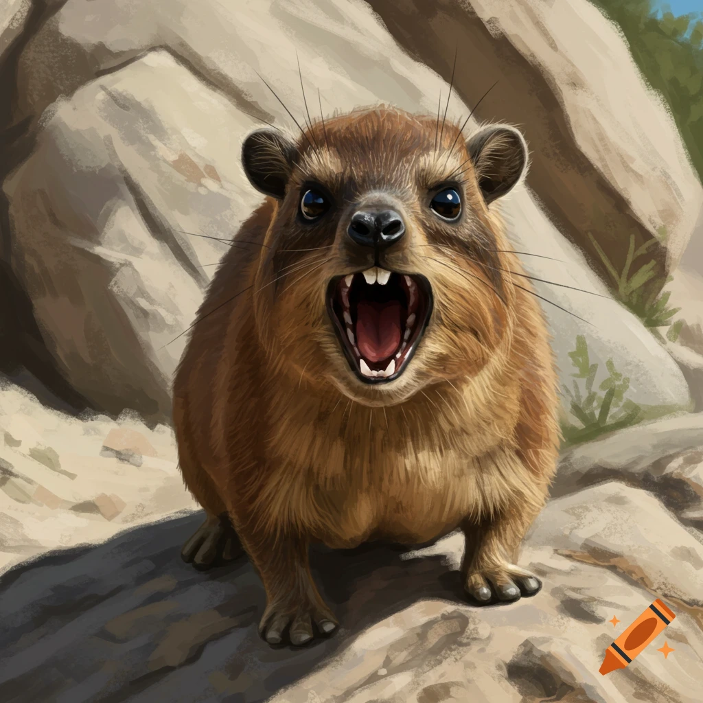 A furry rock hyrax with its mouth wide open, screaming at the camera.