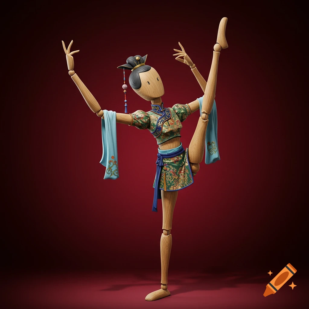 A wooden mannequin in traditional Chinese clothing performs a dance pose with a high leg kick.