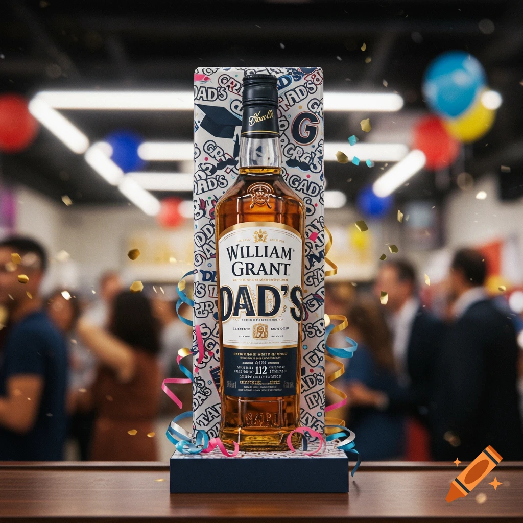 A bottle of William Grant whisky in Dad's and Grad's gift wrap during a celebration, photorealistic