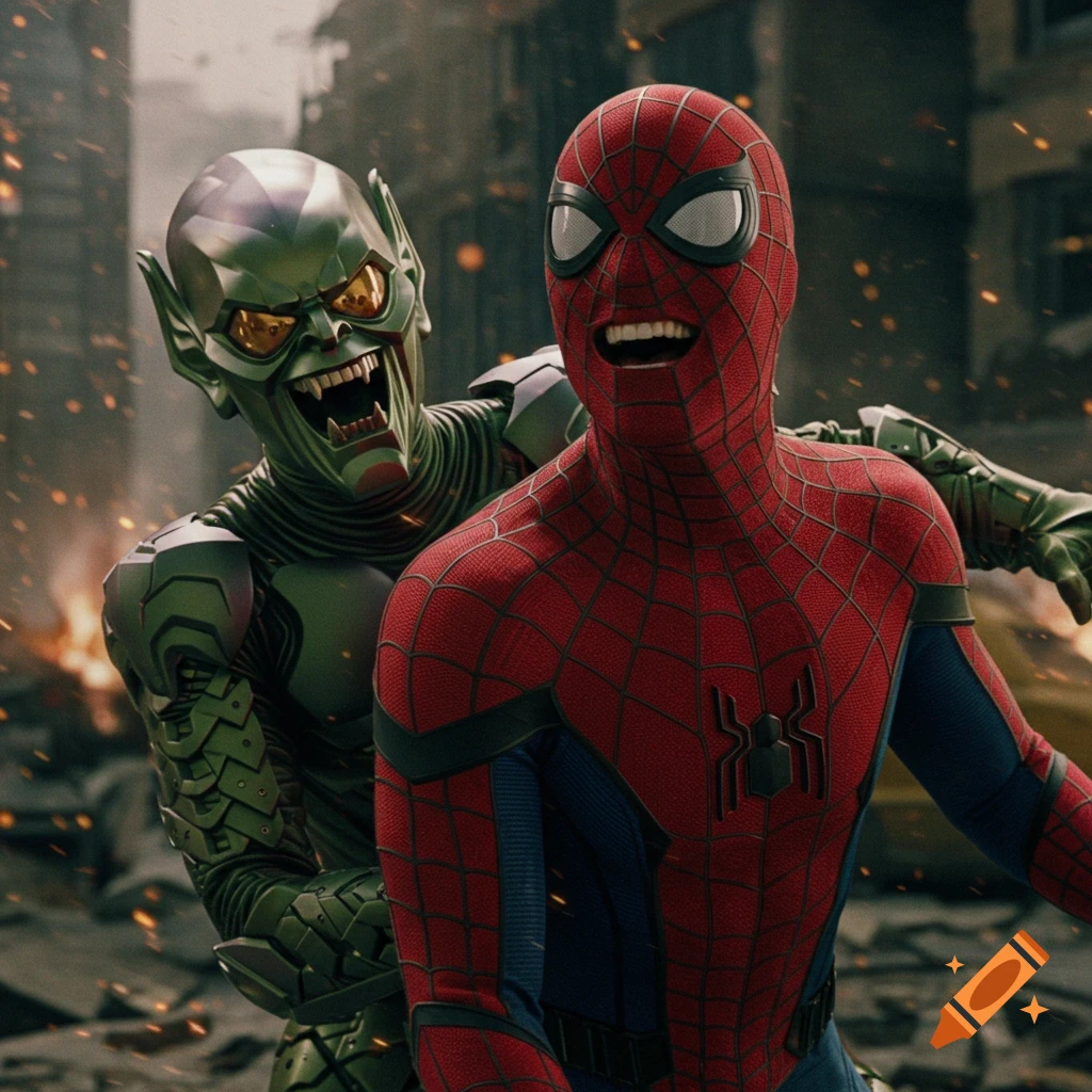 Spider-Man laughs hysterically with Green Goblin behind him in a ruined city.