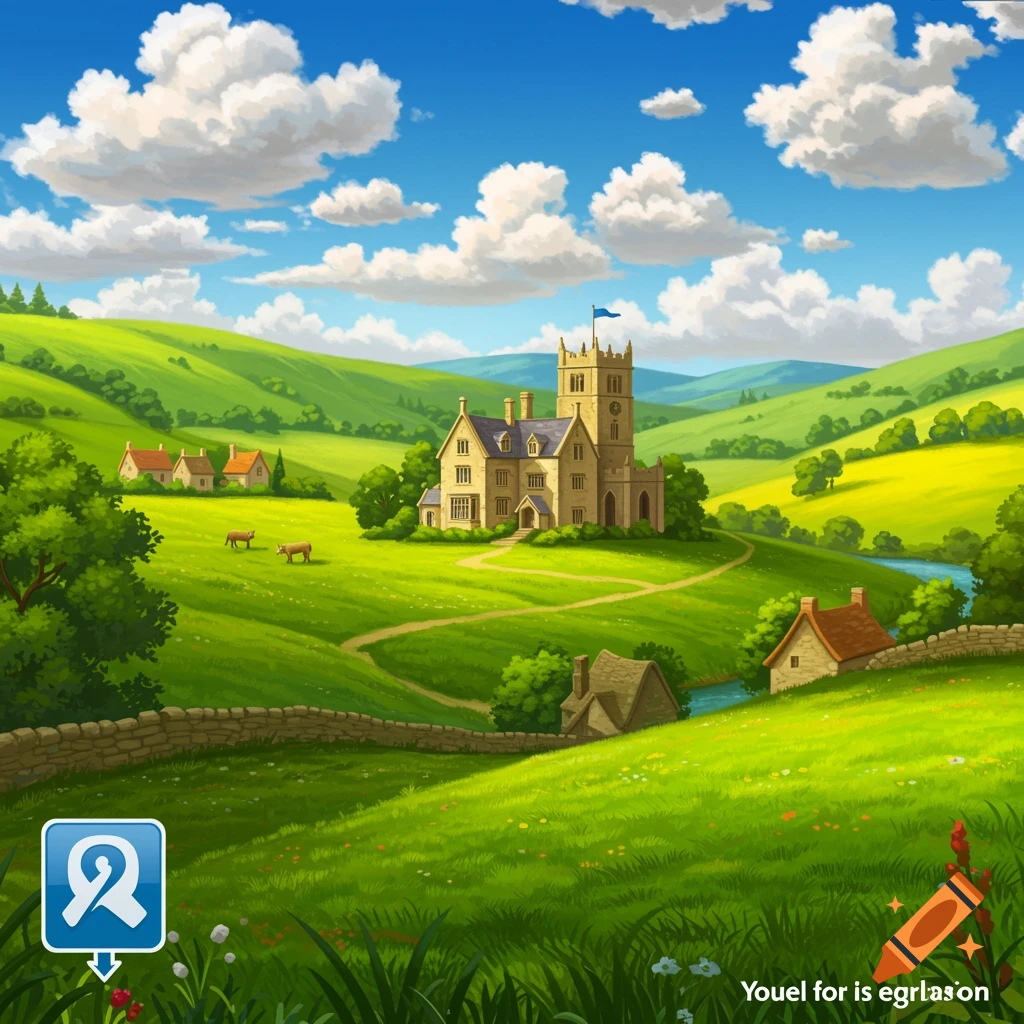 Stylized illustration of a rural English landscape with green rolling hills, a large stone building, houses, cows, and a river under a blue sky.
